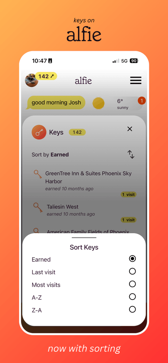 Our most requested feature! Earn keys and now sort them on alfie ai
