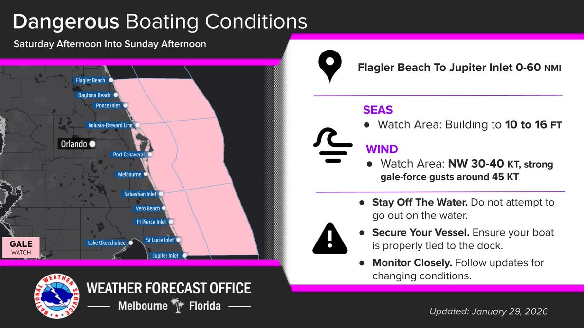 NWSMelbourne's tweet photo. Jan 29 | An Extreme Cold Watch &amp; another Freeze Watch have been issued beginning Sat evening. Frigid wind chills between 7-18 degrees are forecast Sun morning. Very windy conditions Sat afternoon will likely disrupt preparations, so protect pipes &amp; plants by Sat morning https://t.co/8ehaCL8ZUJ