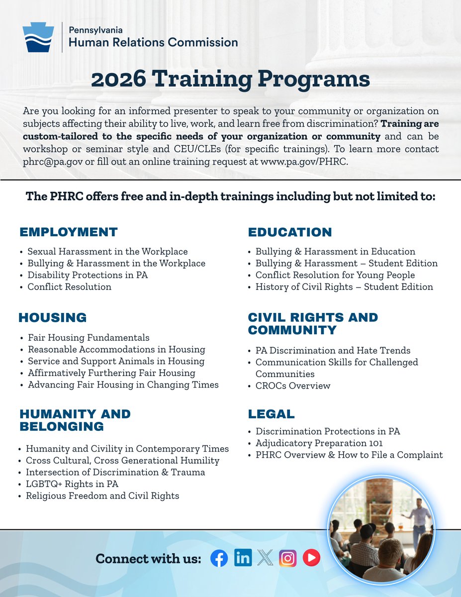 PA_HumRelComm's tweet image. Looking to bring high-impact civil rights education to your school, workplace, or community organization?
Request a training today and help build communities where everyone can live, work, and learn free from discrimination:
👉 pa.gov/agencies/phrc/…

#PHRC #CivilRights #Equity