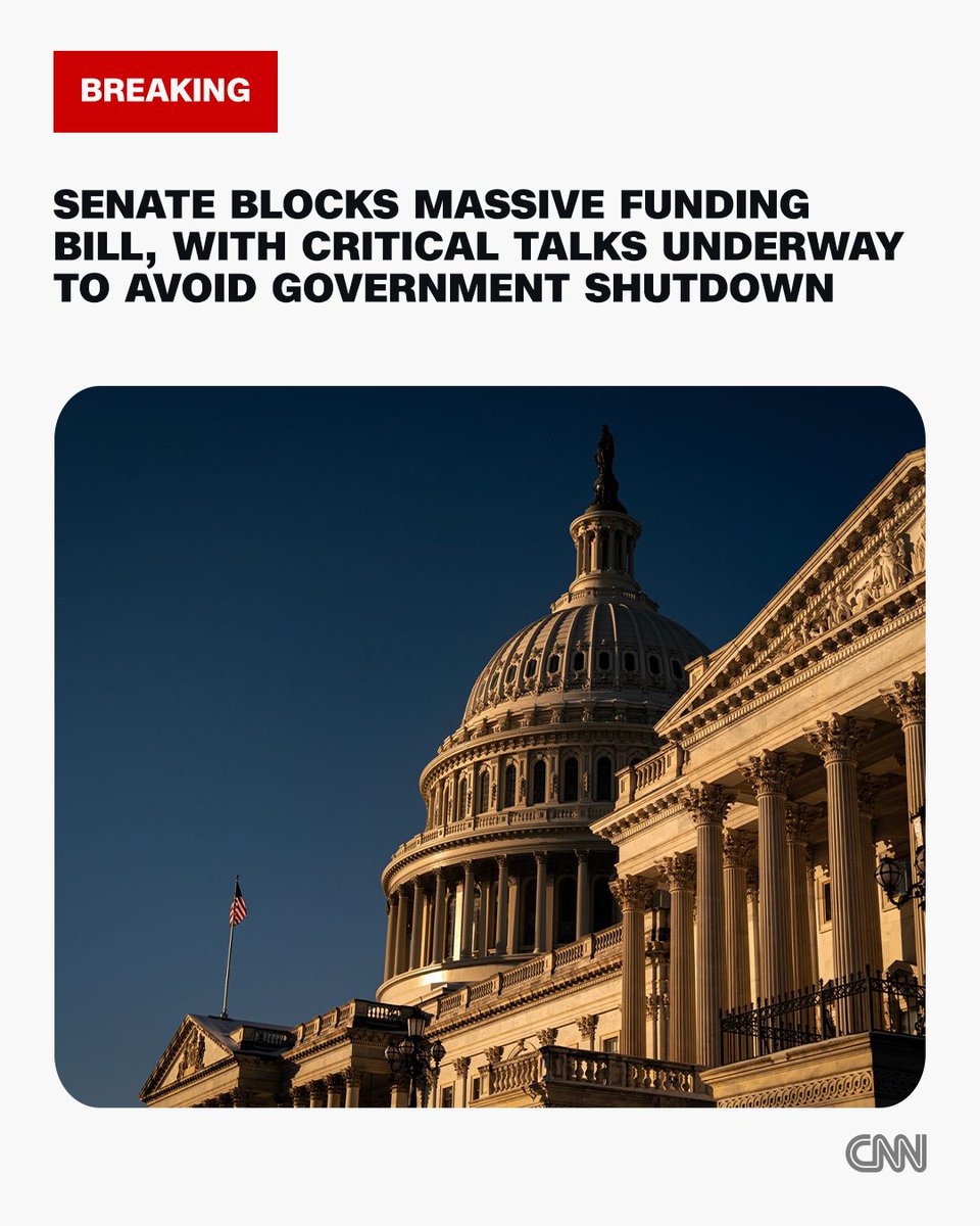 cnnbrk's tweet photo. The Senate has blocked a massive funding bill as critical talks continue to avoid a government shutdown this weekend https://t.co/xkFRoGpU9d https://t.co/axkja1S7Q6