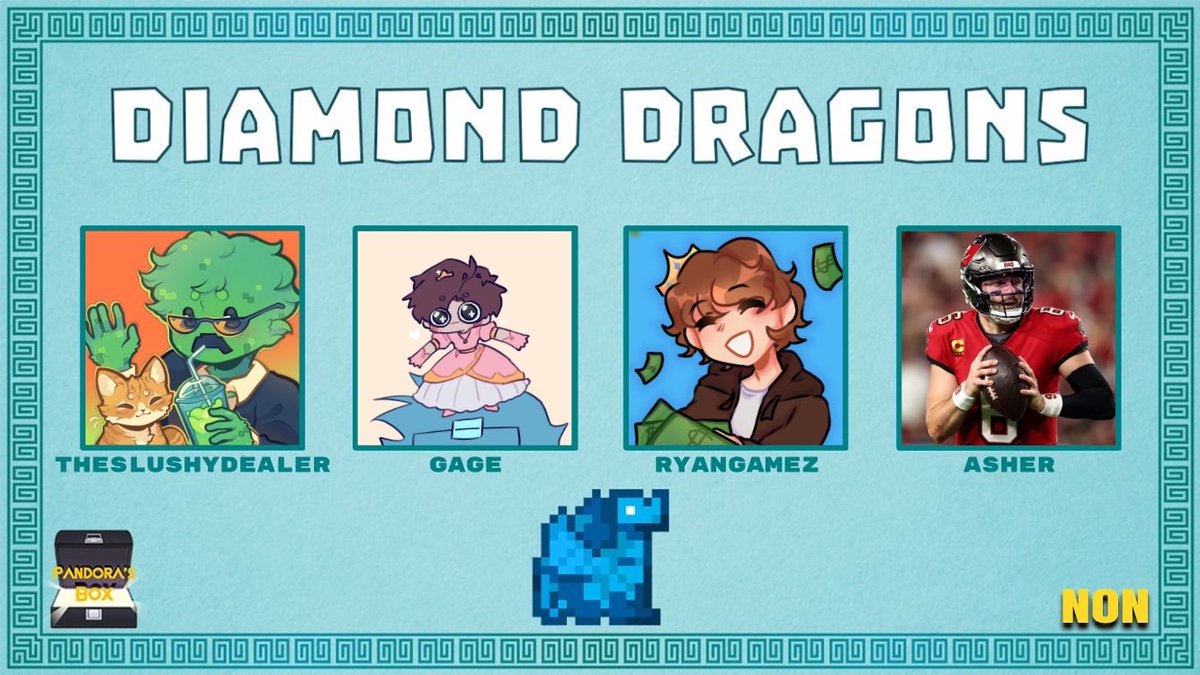 📢 Announcing the Diamond Dragons

Featuring: <a href="/TheSlushyDealer/">Slushy 👑</a>, @cGagerr, <a href="/RyanGamez6901/">RyanGamez</a>, <a href="/Crazyate3/">Asher</a> 

Watch them Compete in Pandoras box: Nerf or Nothin’ on February 13th at 5:30pm EST/ 10:30pm BST