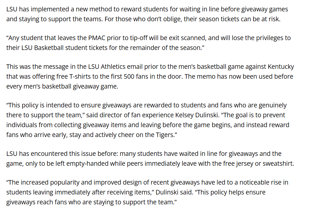 samkarlin's tweet photo. incredible story on the state of affairs for mens basketball at LSU. So many students are leaving before tipoff that LSU is now threatening their season ticket. https://t.co/C8IBg5yUiU