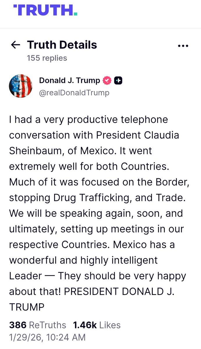 Nora_Ruvalcaba's tweet photo. "México tiene una líder maravillosa y altamente inteligente". Lo dice @realDonaldTrump.
​Se les cayó el teatro a quienes apostaban por el pleito y el desastre diplomático. Para desgracia de la derecha, la Presidenta @Claudiashein hace política de altura y hasta sus contrapartes más difíciles lo reconocen.
​Sé que a la oposición le va a costar mucho digerir este mensaje, porque su estrategia se basa en que a México le vaya mal. Lo sentimos por ellos, pero la dignidad y el respeto internacional de nuestro país están más fuertes que nunca.