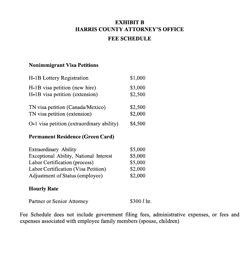 Harris County Commissioners Court will consider an item today to hire a law firm to help the County import foreign workers under the County's "Immigration Sponsorship Policy". The firm will charge Harris County $3,000 for a H-1B visa petition for a new hire, among other services