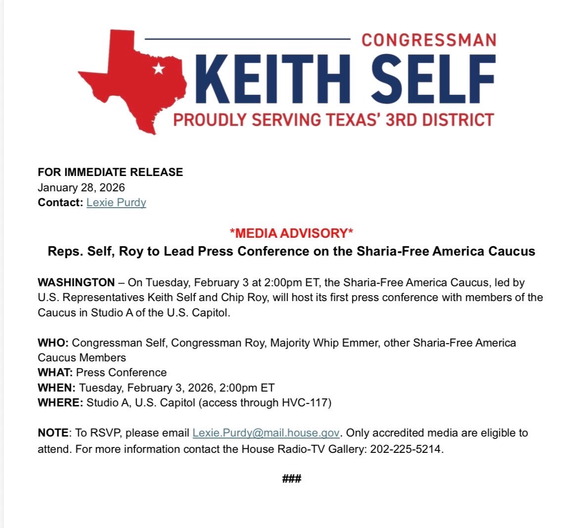 The “Sharia Free America Caucus” is holding its first press conference at the US Capitol on Tuesday, February 3, 2026.