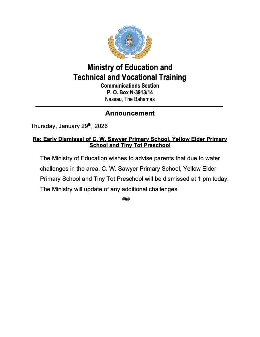 Announcement: Early Dismissal of C. W. Sawyer Primary School, Yellow Elder Primary School and Tiny Tot Preschool