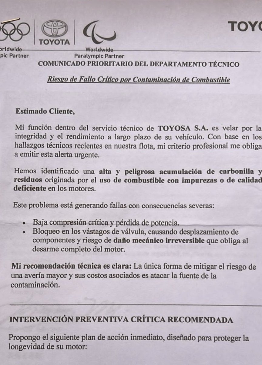 maritoespi's tweet photo. Informe oficial de Toyota de hoy a un cliente.  La gasolina que nos venden es cualquier cosa https://t.co/ytzeHJSmAt