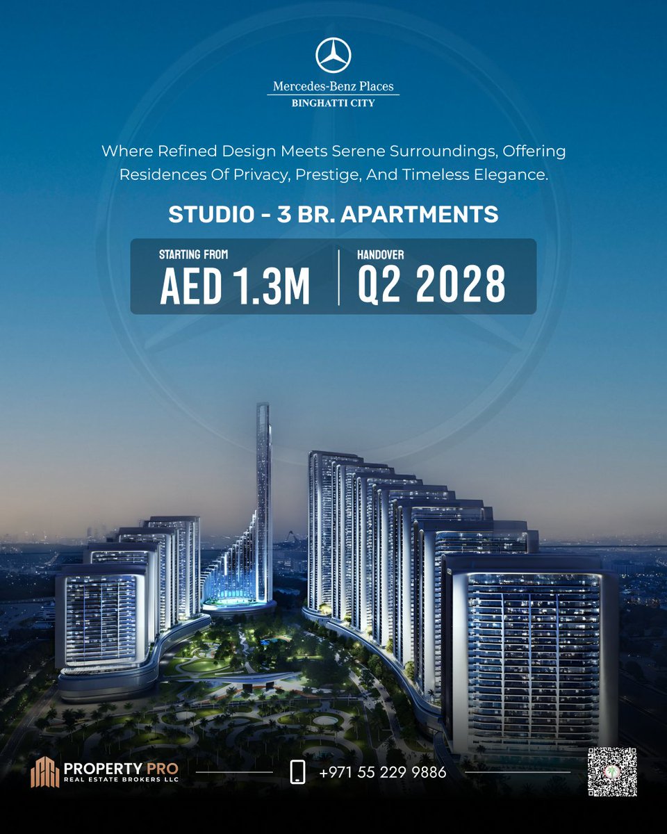 propertyprodxb's tweet photo. 🚘 Mercedes-Benz Places by Binghatti: Studio–3BR | from AED 1.3M | Handover Q2 2028 ✨ Want availability &amp; best units?
📞 +971 55 229 9886 | 📩 info@propertypro.ae | 🌐 https://t.co/CpsN7vDRGK
#Binghatti #OffPlanDubai #DubaiRealEstate #PropertyPro https://t.co/90pO9mWoQ2