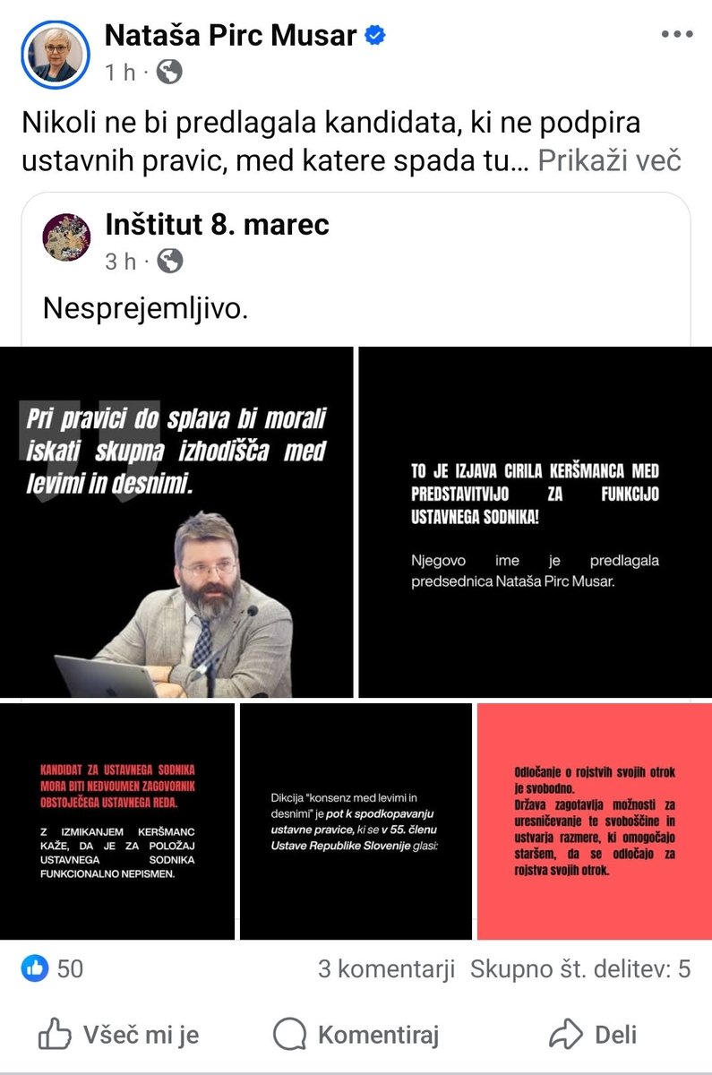 Za odraz resničnih razmerij in transparentnost upravljanja zadev v Republiki Sloveniji ne bo druge kot vpisati <a href="/8Marec/">Inštitut 8. marec</a> v ustavo kot ločen samostojen steber oblasti. 

Predsednica <a href="/nmusar/">Nataša Pirc Musar</a> jo bo morda tokrat še odnesla  brez soočenja na obeh največjih televizija hkrati, ni pa