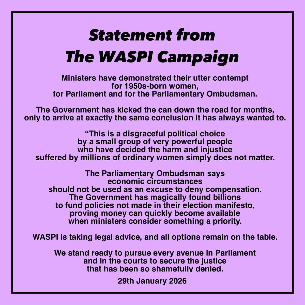 Contemptuous gaslighting from <a href="/patmcfaddenmp/">Pat McFadden</a> and a bored yawn from <a href="/TorstenBell/">Torsten Bell</a>: this is how the govt treats the harm its maladministration has caused 3.6 million of its citizens.  Shameful from the party of social justice.  #WASPI #NotGoingAway