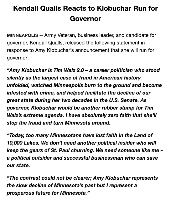 NEW: Republicans react to Klobuchar's announcement 

"She covered up for Joe Biden, has a disastrous record as one of the worst bosses in the U.S. Senate, and stood by Tim Walz until the bitter end throughout his endless fraud scandals."