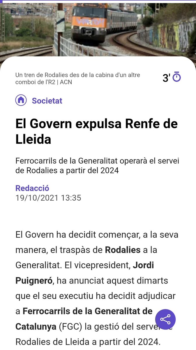 L'empresa mixta de Rodalies pactada Estat-Gencat és un error estratègic. La gent associarà el mal servei de RENFE a la Generalitat. Era millor el model iniciat el 2021 d'anar substituint RENFE per FGC a tot Catalunya.