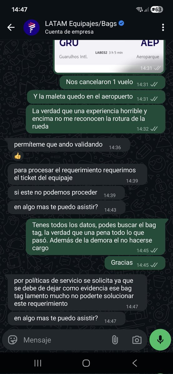 elsimei's tweet photo. @LATAM_BRA @latam argentina #latamtravel-argentina.despegar.com.ar 
Yo vi como revolean las maletas x eso saque solo cabina, me la mandaron a bodega y no se ha en cargo porque no tengo el bag tag, tienen todos los datos, incluso el cambio de vuelo y la espera. Una vergüenza https://t.co/gl7zPVjak6