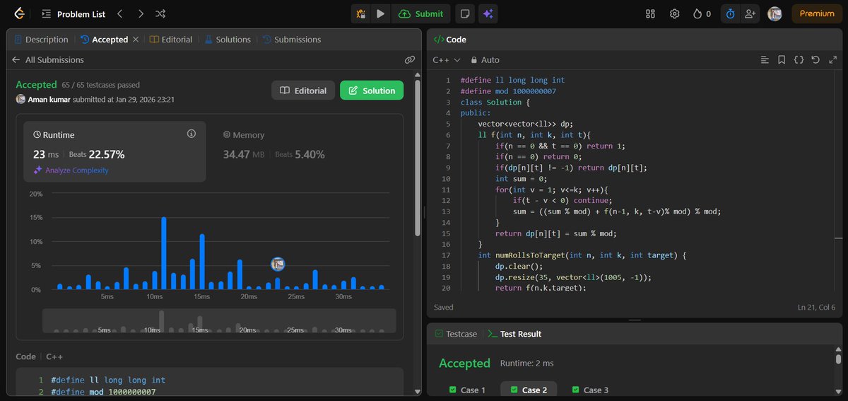 amansharma264's tweet photo. 🚀 Day 28 of #50DaysOfDSA

Back to DP practice today.
I solved:
Number of Dice Rolls With Target Sum

🧩 Problem solved today:
✅ LeetCode 1155. Number of Dice Rolls With Target Sum

#DSA #50DaysOfDSA #Day28 #DynamicProgramming #LeetCode #Consistency #Learning #ProblemSolving https://t.co/hzIJszd5fK
