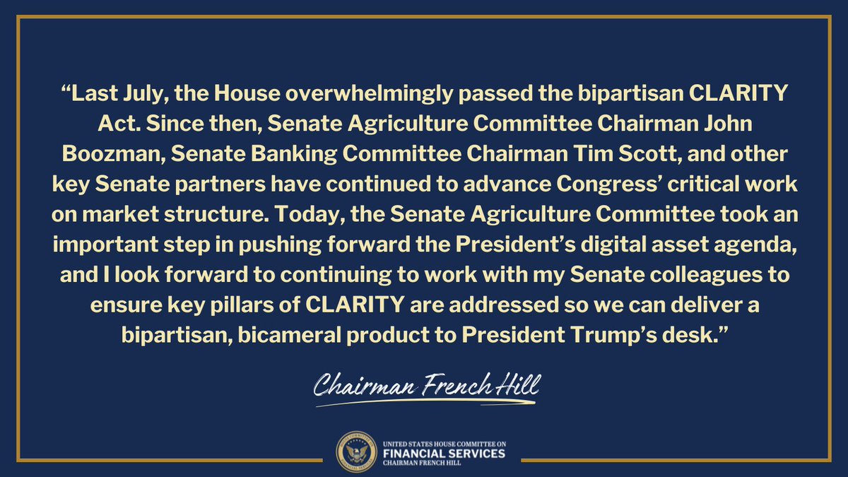 🚨NEW: Chairman <a href="/RepFrenchHill/">French Hill</a> and <a href="/HouseAgGOP/">House Committee on Agriculture</a> Chairman <a href="/CongressmanGT/">Glenn "GT" Thompson</a> commend Chairman <a href="/JohnBoozman/">Senator John Boozman</a> and <a href="/SenateAg/">Senate Ag Committee</a> for advancing a market structure bill today.

Read the Chairmen's reactions ⬇️🔗
financialservices.house.gov/news/documents…