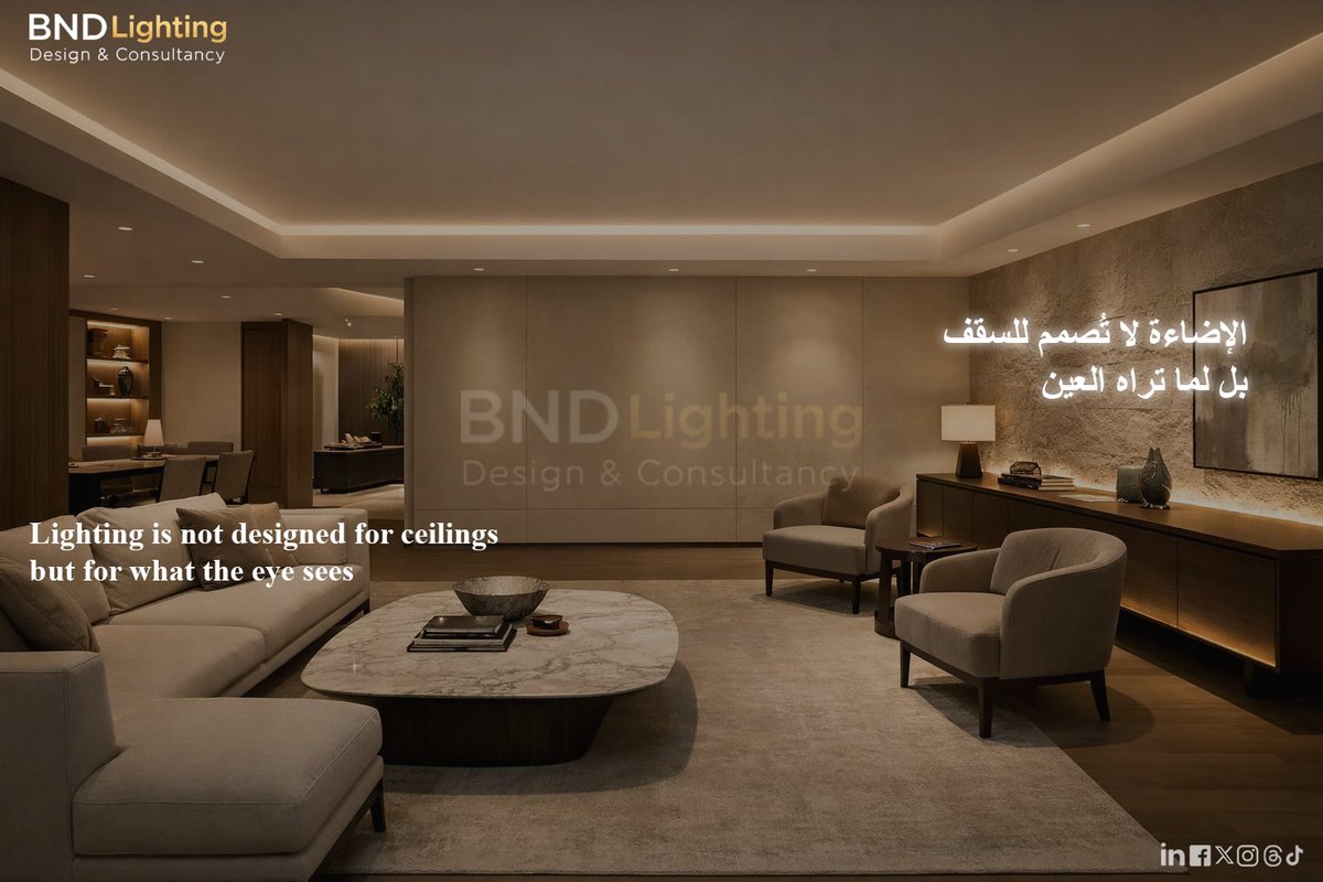 BNDDesignstudio's tweet image. تصميم الإضاءة يبدأ من فهم استخدام الفراغ
ومواقع الأثاث وخطوط النظر.

السقف مجرد وسيلة،
لكن العين هي الأساس.

نقدّم خدمات تصميم الإضاءة المعمارية.
#lightingdesign #lightingdesigner #dialux #dialuxevo #Architecturelightingdesign