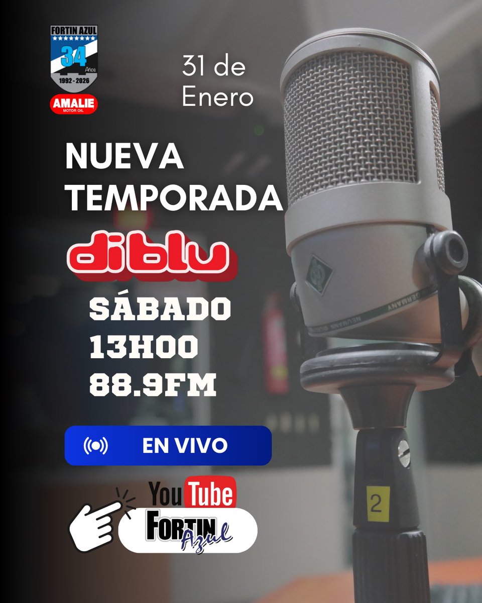 ¡Se viene nueva temporada! ⚡

Este sábado a la 1:00 p.m. Fortín Azul en <a href="/RadioDibluFM/">Radio Diblu 📶</a> , un año más junto al bombillo con <a href="/AlvaroRiera24/">Álvaro Riera Carbo</a> , <a href="/JoseCarlosVasq/">José Carlos Vásquez</a> y <a href="/vikingoguayaco/">Vikingoguayaco</a> 

📺 También YouTube: Fortín Azul
👉 Suscríbete y participa en el sorteo de una TV.
<a href="/AceiteAmalie/">Lubricantes Amalie</a>
