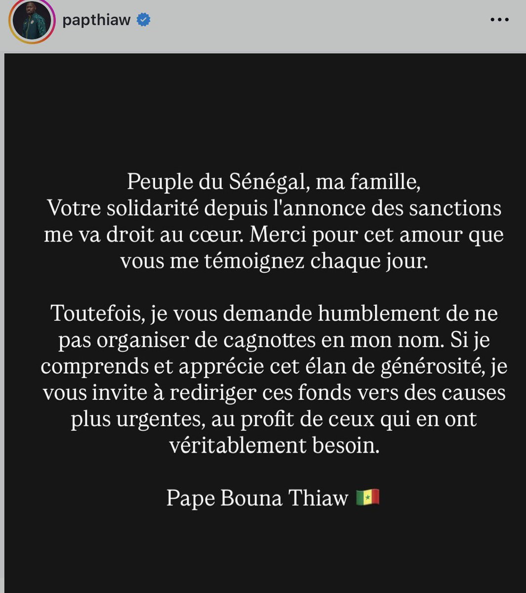 Communiqué du sélectionneur Pape Thiaw concernant des cagnottes organisées en son nom