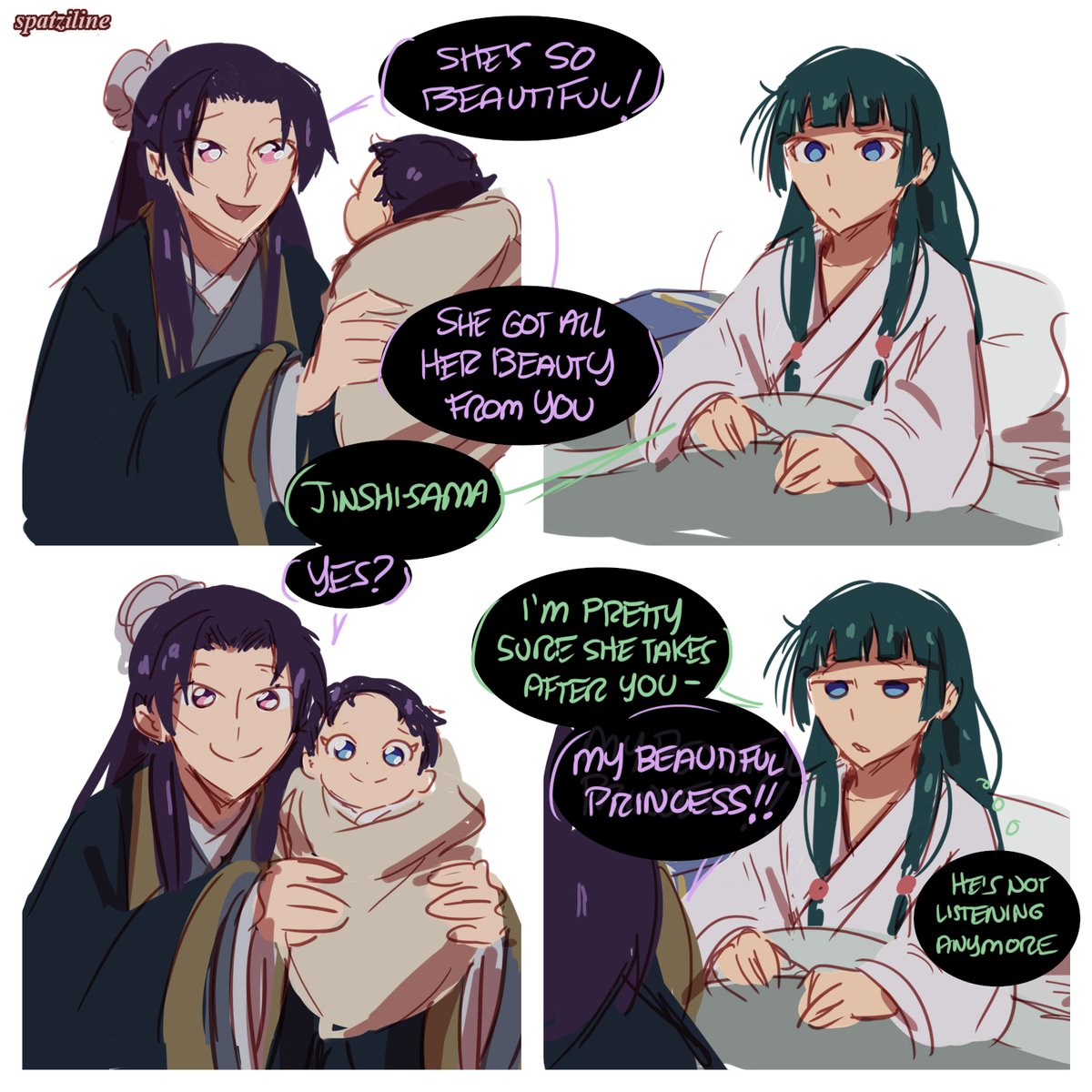 spatziline's tweet image. The meme with Jinshi, Maomao and little lady. Impossible Fanchild AU #TheApothecaryDiaries