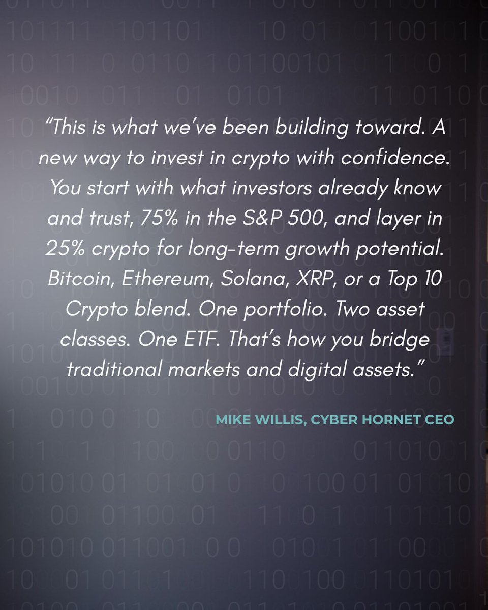 CyberHornetETFs's tweet image. Discover a new approach to ETF investing from Cyber Hornet.
Grounded in what investors know and trust.

75% S&amp;amp;P 500 exposure combined with 25% crypto.

One portfolio. Two asset classes. One ETF.
#CyberHornet #JoinTheSwarm #Crypto