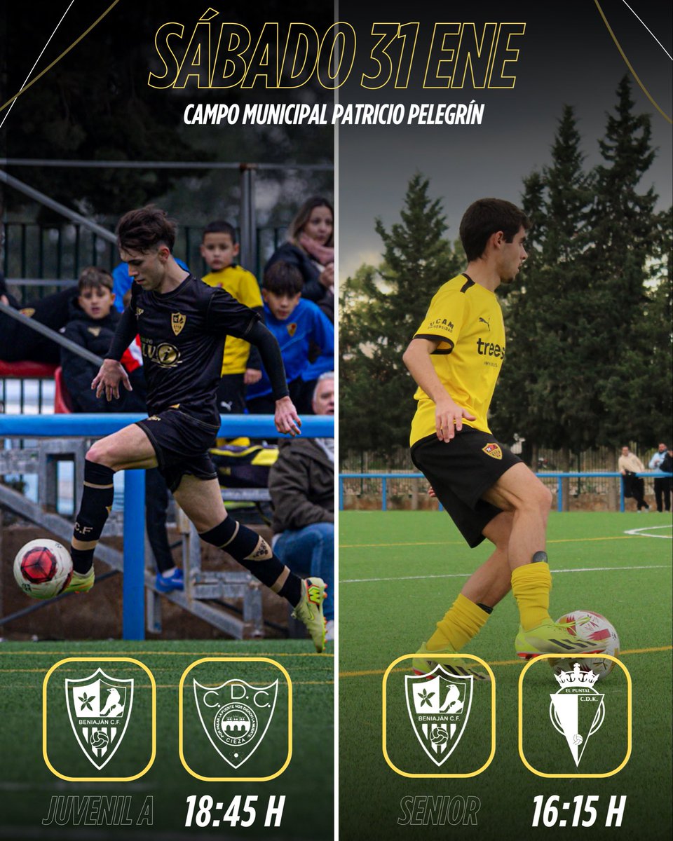 ¡PARTIDAZOS LOS QUE TENEMOS ESTÁ SEMANA EN CASA!

La tarde del sábado 31 de enero se disputará:

//SENIOR//

JORNADA 18 ✅

SENIOR 🆚 C.D.K. EL PUNTAL

16:15 ⏰

//LIGA NACIONAL//

JORNADA 19 ✅

JUVENIL A 🆚 C.D. CIEZA

18:45 ⏰

¡¡OS ESPERAMOS A TODOS!!👏🏻

VAMOS AMARILLOS💛🖤