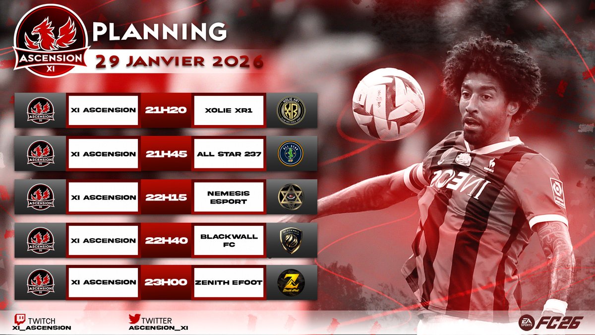 💥 MATCHDAY
📅 Vendredi 29/01

🆚<a href="/XOLIEXR1/">XOLIE XR1</a> 🇫🇷 — ⏰ 21h20
🆚<a href="/ALLSTAR237_/">ALL STAR 237 🇨🇲</a> 🇪🇺 — ⏰ 21h45
🆚<a href="/NEMESIS_ESP0RT/">NEMESIS ESPORT</a> 🇪🇺  — ⏰ 22h15
🆚<a href="/BlackwallFC/">BlackWall FC</a> 🇫🇷 — ⏰ 22h40
🆚<a href="/ZenitheFootCP/">Zénith eFoot</a>🇨🇭 — ⏰ 23h00

🔥 Let’s go ! 🔴⚪️