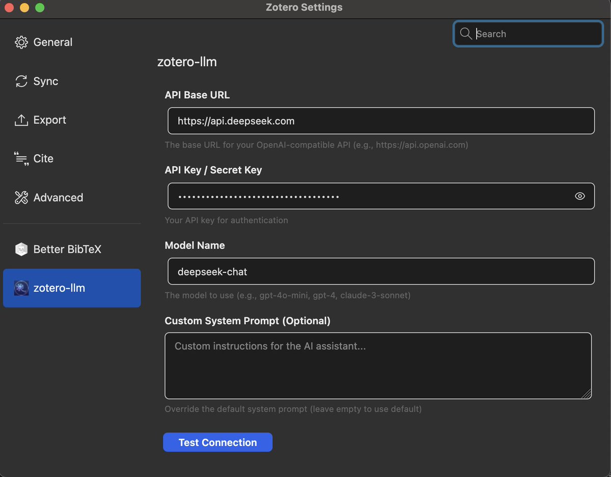 yilewangwayne's tweet photo. @zotero I built this for privacy and flexibility. You plug in your own API key (OpenAI, Deepseek, or even local models). It is very easy to set up. https://t.co/ZyfiyY3Idf