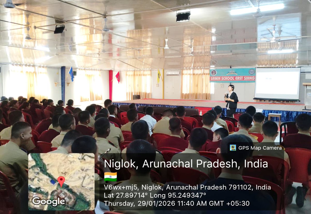 SSEastsiang's tweet photo. Rashtriya Raksha University (RRU), Pasighat, successfully conducted Cyber Shakti Sessions for cadets at Sainik School East Siang, focusing on cyber awareness, digital safety, and emerging cyber threats in the evolving security environment. https://t.co/9SJ60JGS5r