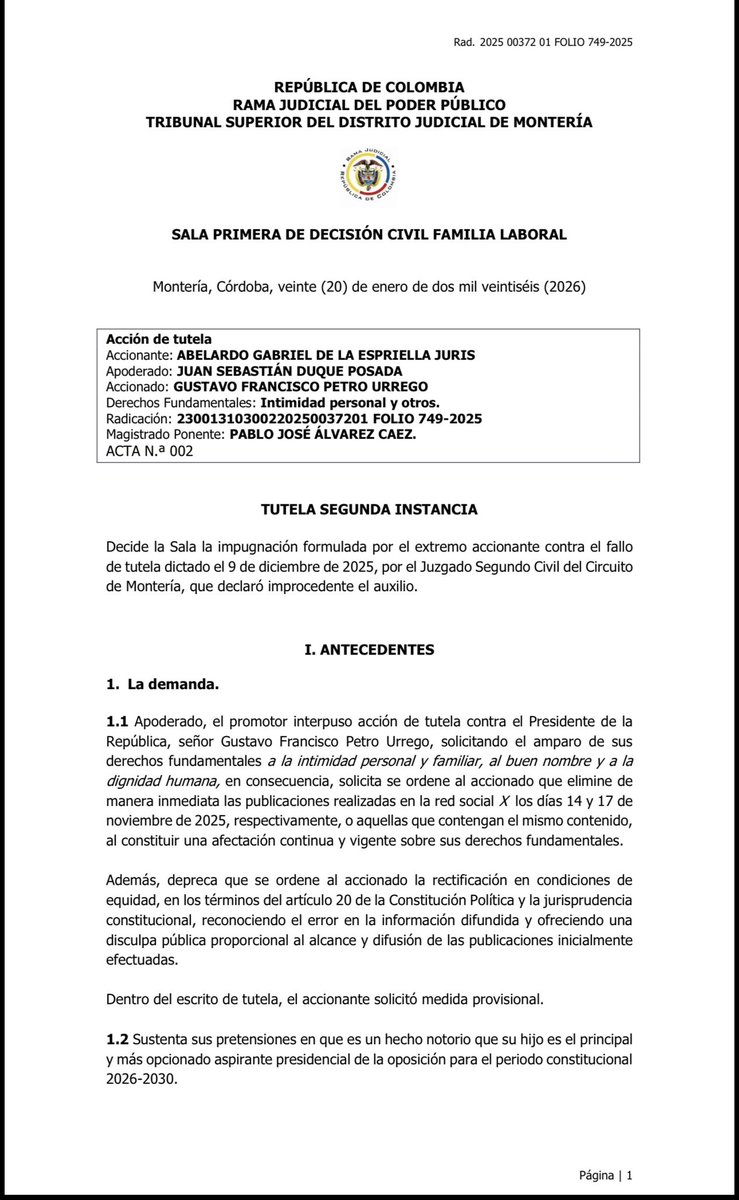 Señor Presidente <a href="/petrogustavo/">Gustavo Petro</a>  gracias a Dios, hemos ganado en segunda instancia al papá de <a href="/ABDELAESPRIELLA/">Abelardo De La Espriella</a> y su firma, la acción de tutela que interpusieron en su contra:

Su voz señor presidente no será censurada por hablar públicamente de la amistad del padre de Abelardo de
