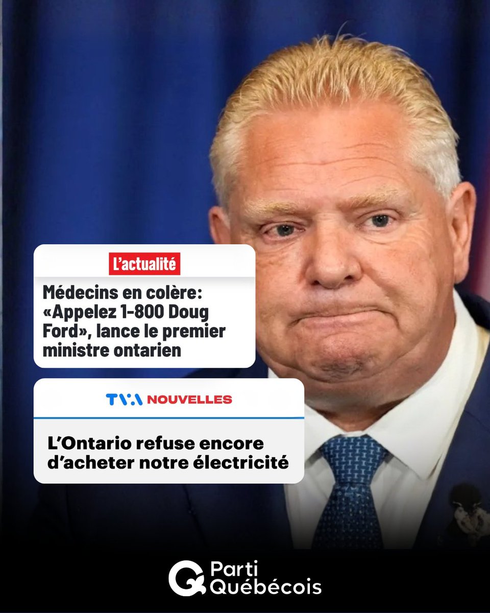 partiquebecois's tweet photo. Le premier ministre ontarien nous confie aujourd'hui être «en amour» avec les Québécois. Nous souhaitons lui rafraîchir quelque peu la mémoire...

Quelques-uns de ses gestes récents:

🚩 Stratégie de vol des médecins québécois en pleine crise
🚩 Bris du front commun des provinces pour les transferts en santé
🚩 Alors qu'il s'était dit «Open for business», il a refusé immédiatement d'acheter davantage d'électricité québécoise
🚩 Une publicité anti-tarifs américains, sans consulter le Québec, qui a eu des conséquences directes sur le Québec