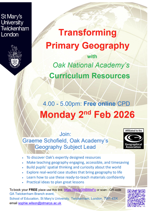 igeogstmarys's tweet photo. 🌍 Refresh your #PrimaryGeography teaching! Join @OakNational’s Graeme Schofield for free online CPD on Oak’s updated #Geography curriculum, hosted by @The_GA Twickenham branch 🗺️@TeachStMarys next Mon 2nd Feb at 4pm – hope you can join us 🌎👉Book now: https://t.co/SK7GirchZa https://t.co/EpiNOTvfQa