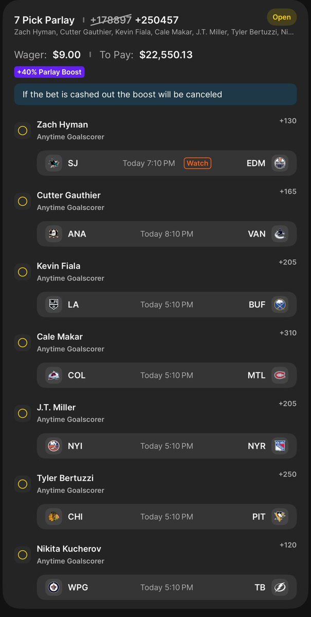 AnthoApes's tweet photo. 🚨 NHL Stepped up boost running this Goal scorer nuke 🚨

#NHL #Steppedup #Boost #Promo #Lotto #Bets #Slips #Parlays #PlayerProps #SameGameParlay #SportsBetting #GamblingTwitter #DraftKings https://t.co/kd9eoWpUyf