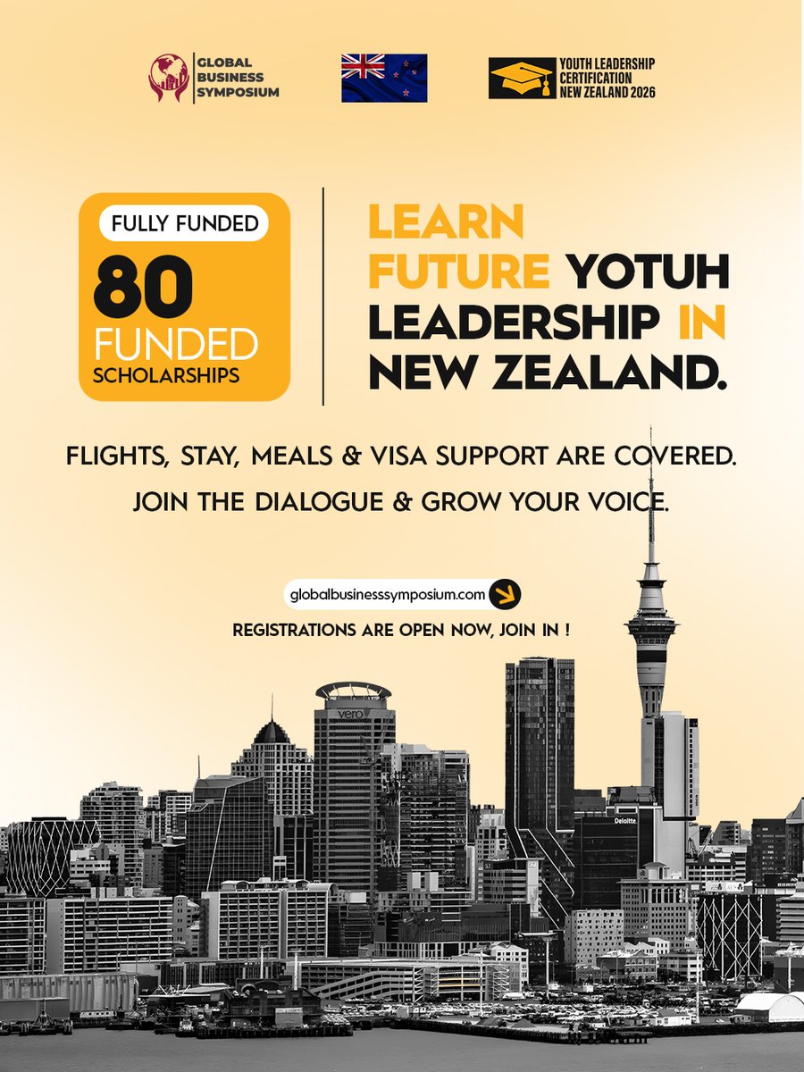 Gbs_Symposium's tweet photo. 20 fully &amp; 60 partially Funded Opportunities Available! YLC 🇳🇿

The countdown is on: 7 days remaining. 
 
Dates: April 19–23, 2026 
Location: Auckland New Zealand  
Deadline: 5 February, 2026

Apply Now: https://t.co/hfPOmiZK7G
 
#youthleadershipcertificationNewzealand https://t.co/wdXxHZv3ui