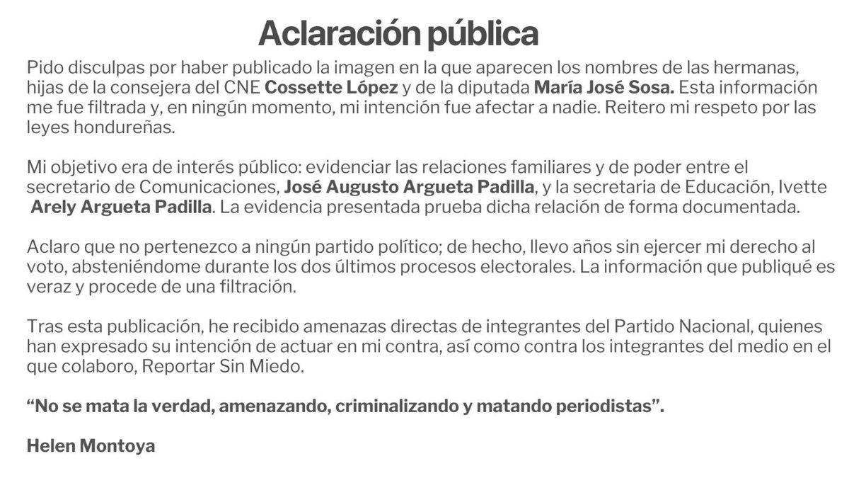 Aclaración pública <a href="/soymj17/">María José Sosa - Diputada FM</a> y <a href="/CossetteOficial/">Cossette López-Osorio</a> y <a href="/augustoargueta/">José Augusto Argueta</a>
<a href="/ReportarsinMied/">Reportar Sin Miedo</a> <a href="/usembassyhn/">U.S. Embassy Tegucigalpa</a> <a href="/article19mxca/">ARTICLE 19 México y Centroamérica</a>