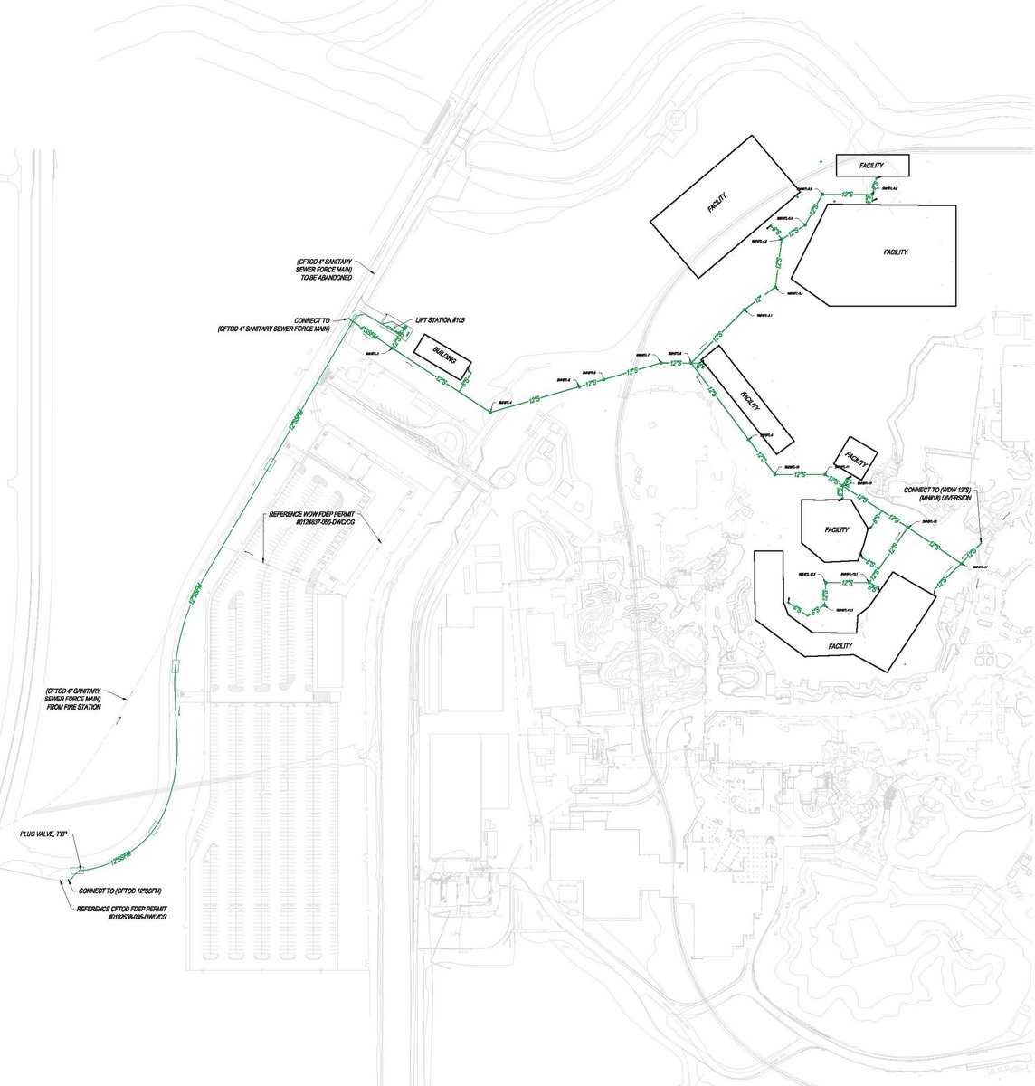 BehindThrills's tweet photo. NEW: Wastewater document for Project SNK reveals outlines for buildings in Cars and Villains Land expansions. Included below is the document from the FDEP, as well as an overlay showing the building locations within Magic Kingdom. https://t.co/q1fBalS6Sf