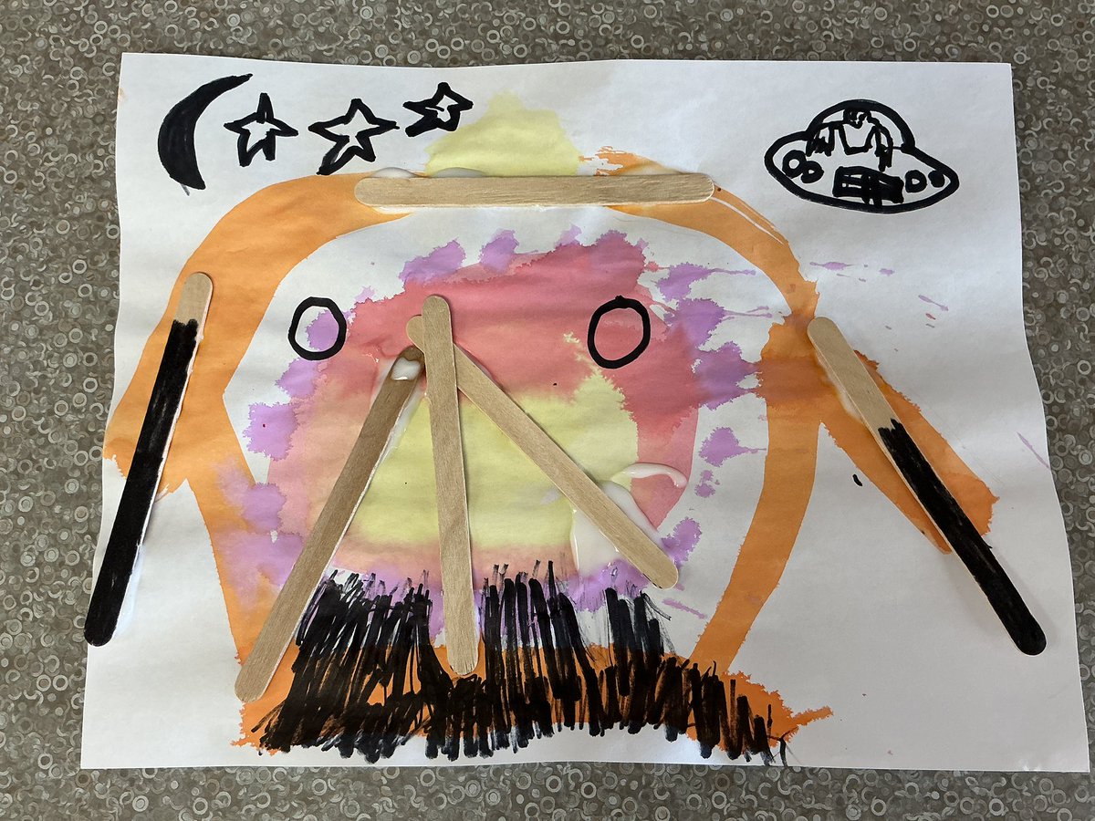 Inspired by the book ‘6 Sticks’ by Molly Coxe, B.Z. created a unique picture of a rocket using six popsicle sticks.  “I’m making a rocket to go to space to visit the aliens.” said B.Z.