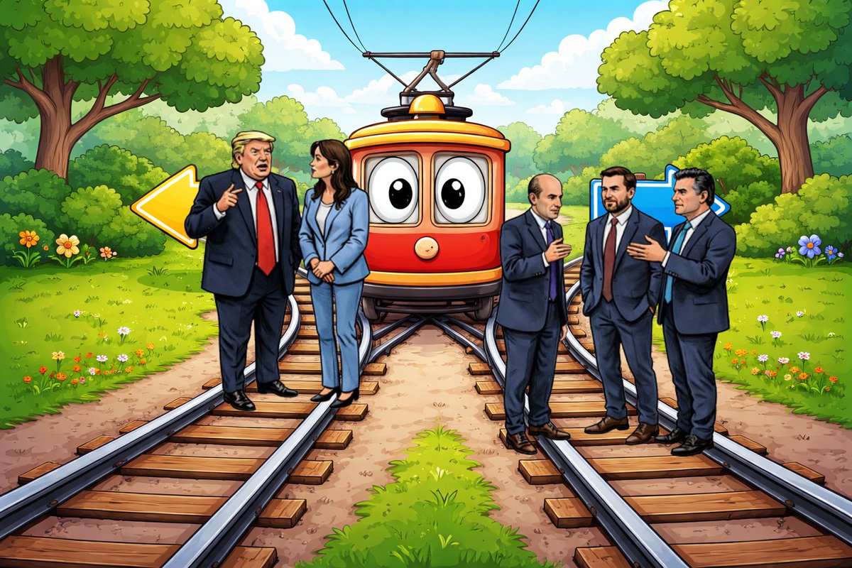 RepJackKimble's tweet photo. A runaway trolley is heading down the track.  You have a lever.  If you pull it left, the trolley will go down a track where President Trump and Kristi Noem are having a conversation unaware of the approaching trolley.  If you pull it right, it will run into the equally unaware Pete Hegseth, Stephen Miller, and JD Vance.  If you don't pull, 100 people on board will die when the train derails.  What do you do?