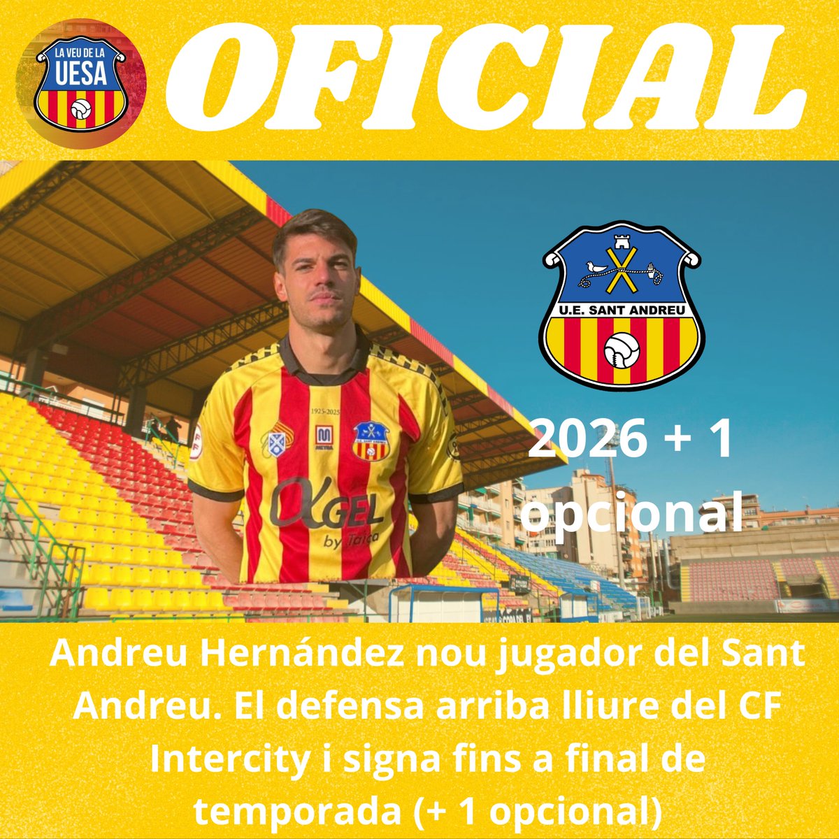 LaVeuDeLaUesa's tweet image. Andreu Hernández nou jugador del Sant Andreu. El defensa arriba lliure del CF Intercity.
És el tercer reforç d’hivern i signa fins a final de temporada + una d’opcional. . Jugador  amb molta experiència a Primera RFEF i Segona B, 
Benvingut, @AndreuHdez_4  💛❤️!