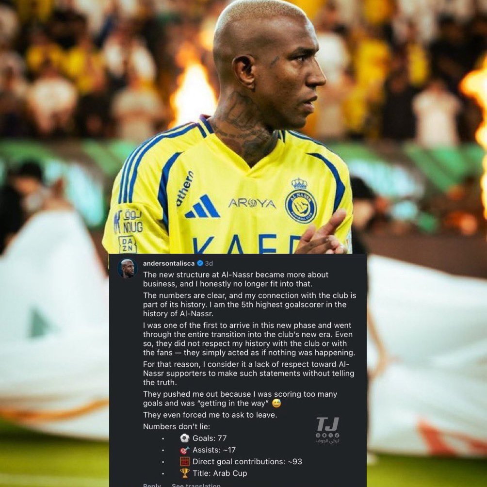 Crackbol10's tweet image. 📸🚨Anderson Talisca se enfrenta a la gestión de Al Nassr en una publicación de Instagram y le tira a CR7😱❌ 

“La nueva estructura de Al Nassr se ha orientado más hacia los negocios y, honestamente, ya no pertenezco allí”. 

"Los números son claros y mi vínculo con el club ya…