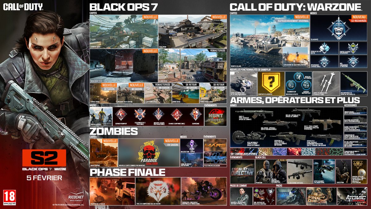 Préparez-vous à combattre dans la Saison 2 de Black Ops 7 et Call of Duty: #Warzone, dispo le 5 février🔥

🎮 Cartes MJ inédites et de retour
❄️Rebirth Island hivernale
🏆Partie classée MJ
🧟‍♂️Nouvelle carte Survie Zombies : Mars
➕Armes, atouts, défis et récompenses