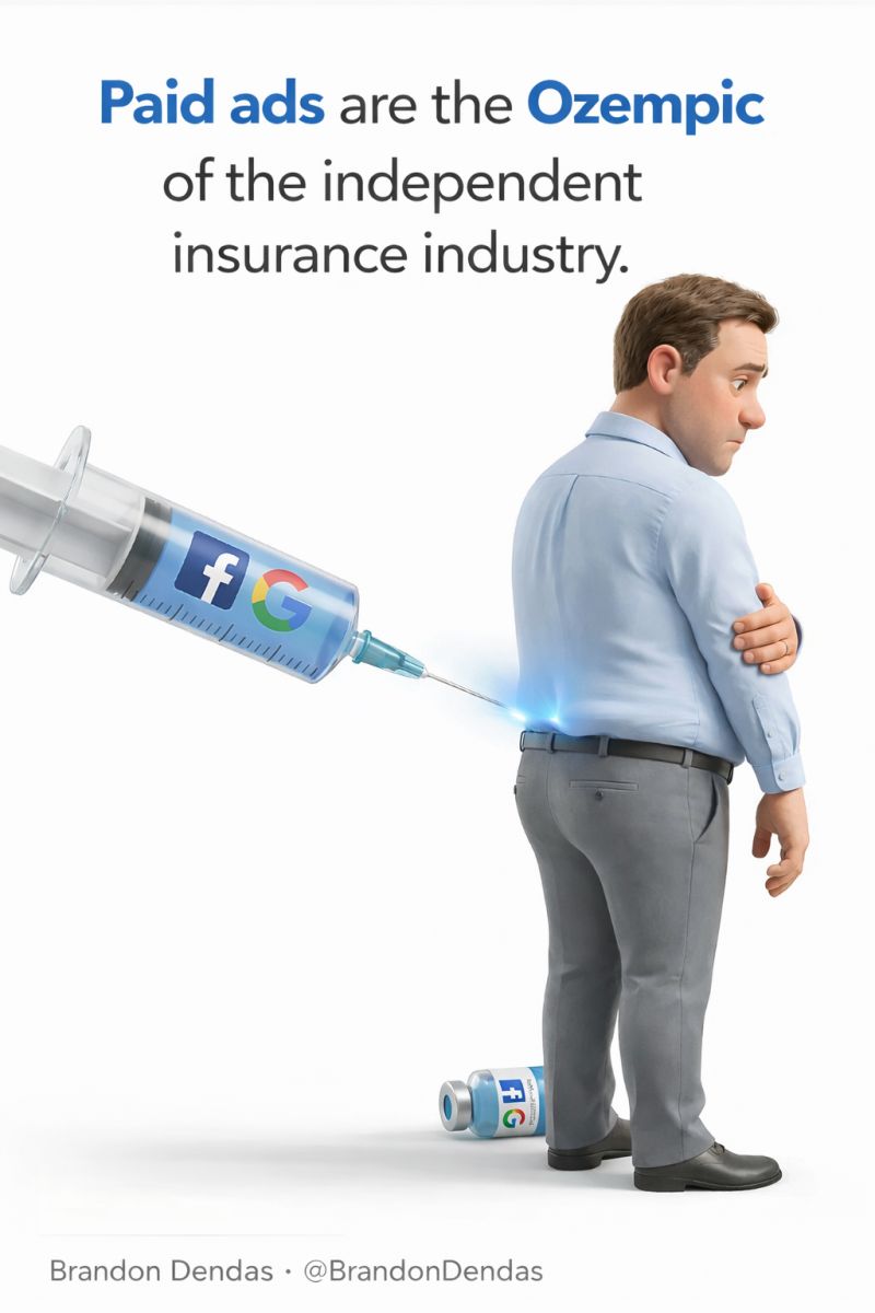 Paid ads (Google &amp; Facebook ads) are the Ozempic of the independent insurance industry.

Quick results. Instant gratification.

But the second you stop paying?

The leads disappear...

and you're a fatty again.

Here's the thing about paid ads:

They work. I'm not going to lie to