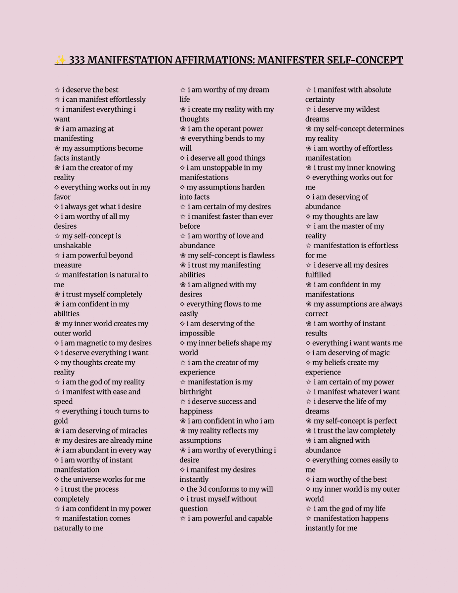 ByAveline_'s tweet photo. ✨ i wrote 333 affirmations to turn you into someone who manifests effortlessly. 

yes, three hundred and thirty-three. i know. this is the resource. 🪞

bookmark this immediately. you'll thank yourself later. 🫶 https://t.co/BiWzfvzbD2