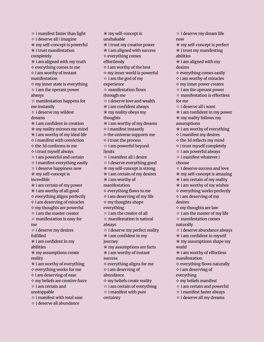ByAveline_'s tweet photo. ✨ i wrote 333 affirmations to turn you into someone who manifests effortlessly. 

yes, three hundred and thirty-three. i know. this is the resource. 🪞

bookmark this immediately. you'll thank yourself later. 🫶 https://t.co/BiWzfvzbD2