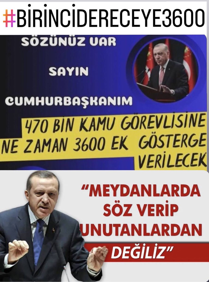 Sn Cumhurbaşkanım Meydanlarda söz verip, unutanlardan DEĞİLİZ demiştiniz? #BirinciDereceye3600 #EmekliMemuradaSeyyanen Vaatleri Hatırlata hatırlata yorulduk 
<a href="/RTErdogan/">Recep Tayyip Erdoğan</a>
<a href="/_cevdetyilmaz/">Cevdet Yılmaz</a>
<a href="/memetsimsek/">Mehmet Simsek</a>
<a href="/isikhanvedat/">Prof. Dr. Vedat Işıkhan</a>
<a href="/avabdullahguler/">Abdullah Güler</a>
<a href="/vedatbilgn/">Vedat Bilgin</a>
<a href="/Akparti/">AK Parti</a>
<a href="/akbasogluemin/">Av. M.Emin AKBAŞOĞLU 🇹🇷</a>
<a href="/iletisim/">T.C. İletişim Başkanlığı</a>