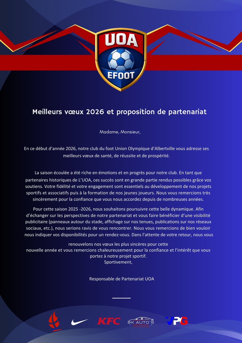 Un Petit clein d'œil avant le 31 janvier 
<a href="/UOAEFOOT/">UOA EFOOT</a> 
<a href="/AcademieRoyalex/">UOAcademy Royal</a> 
<a href="/FFF/">FFF</a> 
<a href="/Albertville_fr/">Ville d'Albertville</a> 
<a href="/OfficialEDFFIFA/">Equipe de France eFoot PS5 🎮</a>