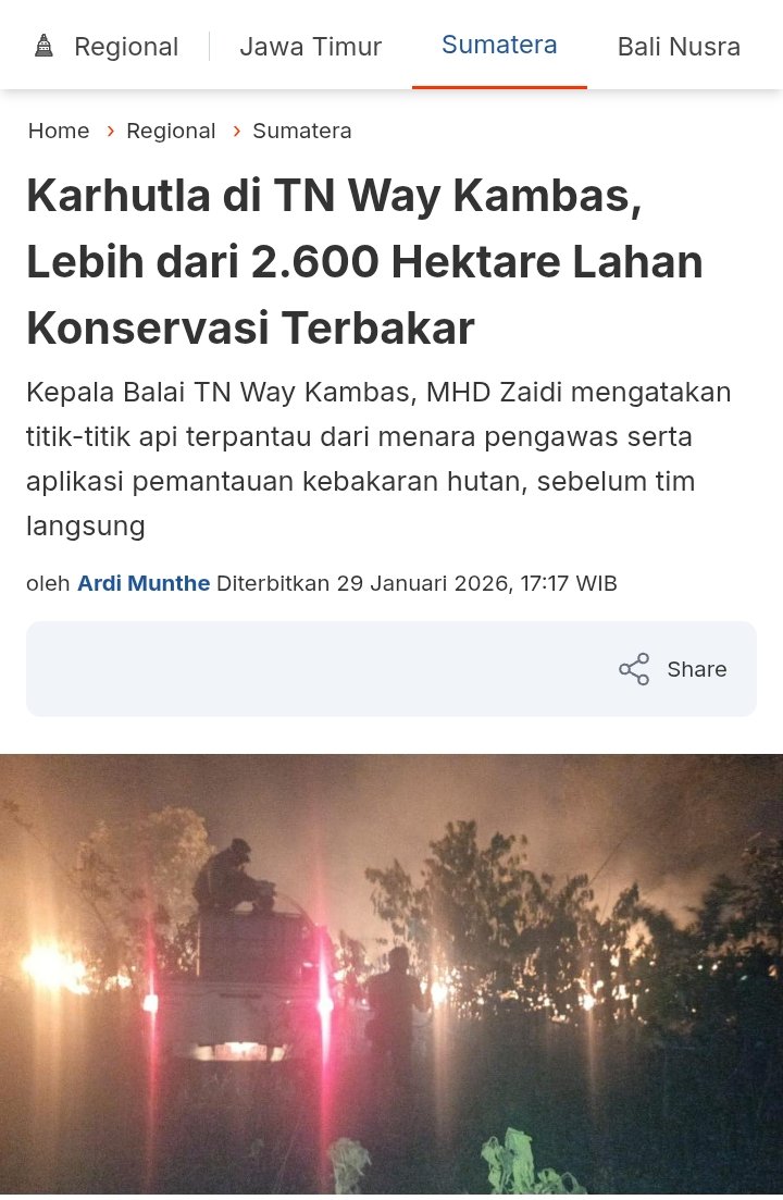 indepenSumatera's tweet image. 🆘🆘🆘🆘🆘🆘🆘🆘🆘🆘🆘
TAMAN NASIONAL WAY KAMBAS TERBAKAR 💔

UP 🙏

Taman nasional way kambas terbakar sekitar
Sekitar 2.600 hektar lahan konservasi habis.
Kuat dugaan ini akibat menyusutnya zona inti way kambas yang di usulkan jadi wilayah area pemanfaatan. Ini bukan terbakar…