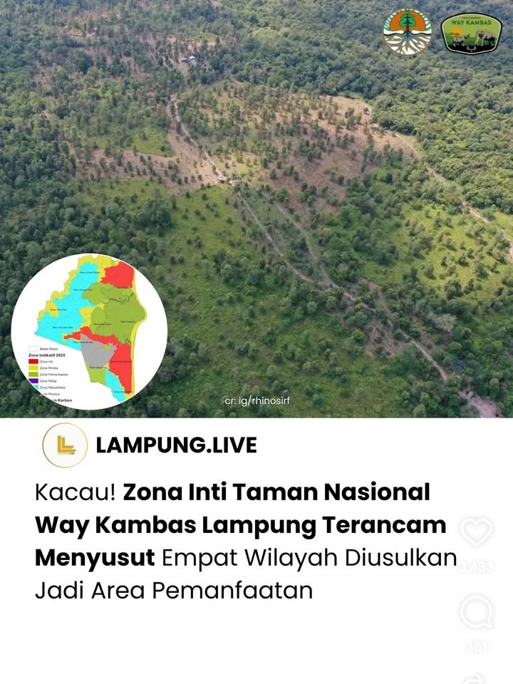 🆘🆘🆘🆘🆘🆘🆘🆘🆘🆘🆘
TAMAN NASIONAL WAY KAMBAS TERBAKAR 💔

UP 🙏

Taman nasional way kambas terbakar sekitar
Sekitar 2.600 hektar lahan konservasi habis.
Kuat dugaan ini akibat menyusutnya zona inti way kambas yang di usulkan jadi wilayah area pemanfaatan. Ini bukan terbakar