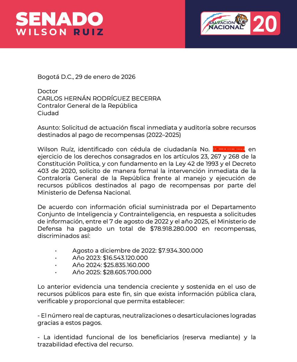 WilsonRuizO's tweet image. He radicado ante la @CGR_Colombia solicitud de actuación fiscal inmediata por el pago de $78.918 millones en recompensas entre 2022 y 2025.

Los colombianos tienen derecho a saber en qué se gastó esa plata y cuáles fueron los resultados.

Aquí Petro paga recompensas pero no vemos
