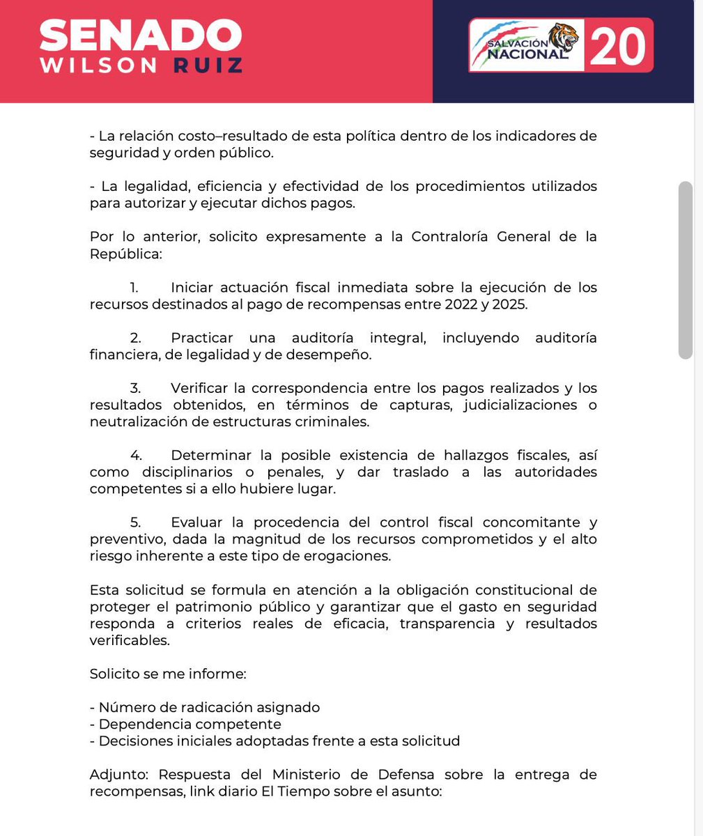 WilsonRuizO's tweet image. He radicado ante la @CGR_Colombia solicitud de actuación fiscal inmediata por el pago de $78.918 millones en recompensas entre 2022 y 2025.

Los colombianos tienen derecho a saber en qué se gastó esa plata y cuáles fueron los resultados.

Aquí Petro paga recompensas pero no vemos