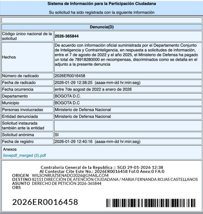 WilsonRuizO's tweet image. He radicado ante la @CGR_Colombia solicitud de actuación fiscal inmediata por el pago de $78.918 millones en recompensas entre 2022 y 2025.

Los colombianos tienen derecho a saber en qué se gastó esa plata y cuáles fueron los resultados.

Aquí Petro paga recompensas pero no vemos